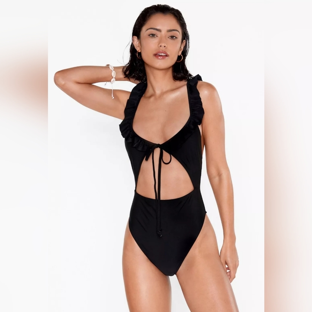 Nasty Gal Pool Me Down Black Bikini One Piece Ruffle High-Leg Swimsuit NWT